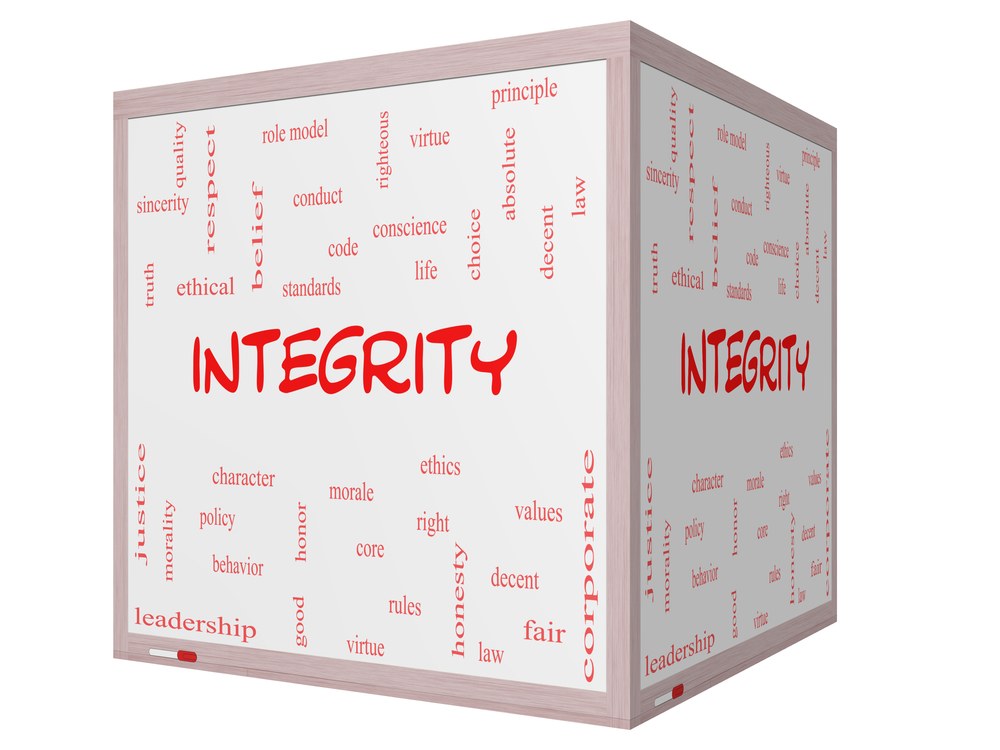 Integrity Word Cloud Concept on a 3D cube Whiteboard with great terms such as virtue, code, conduct and more.