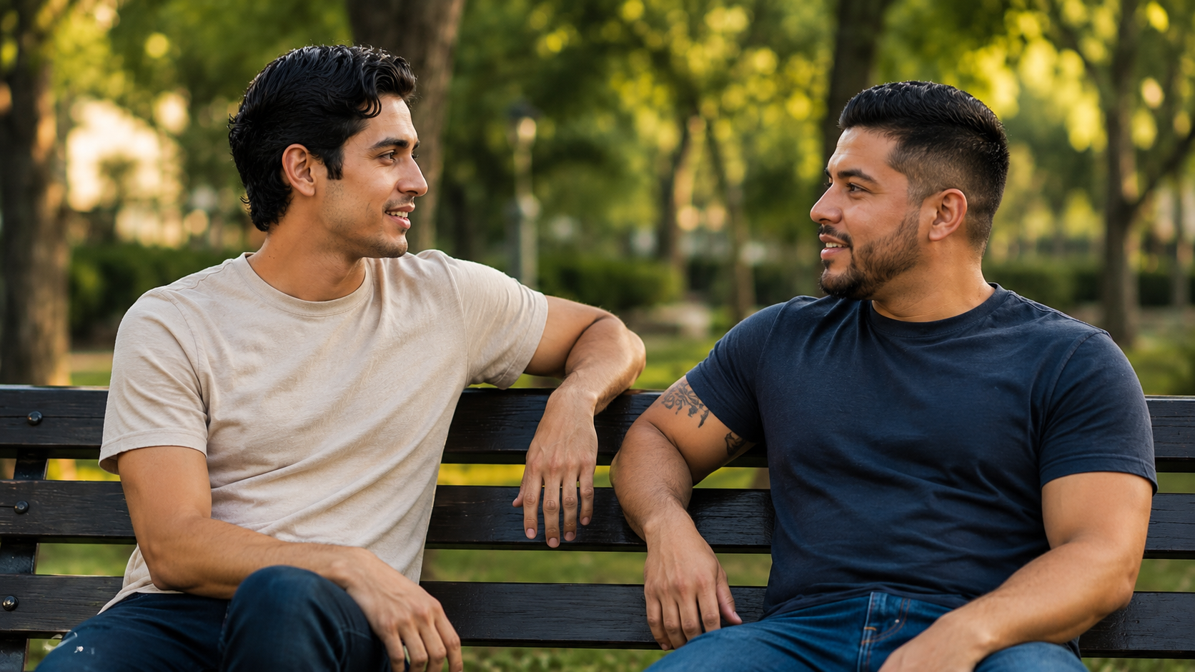 Two male friends in their mid-20s sitting together on an outdoor bench in warm sunlight, sharing an open and genuine conversation, representing the comfort and healing that comes from talking to someone you trust.
