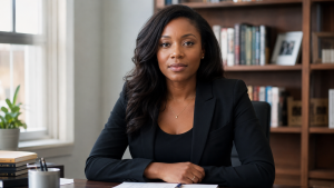 woman sitting alone at desk looking at camera with calm confidence