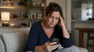 a middle aged woman looking at phone with tired or overwhelmed expression,