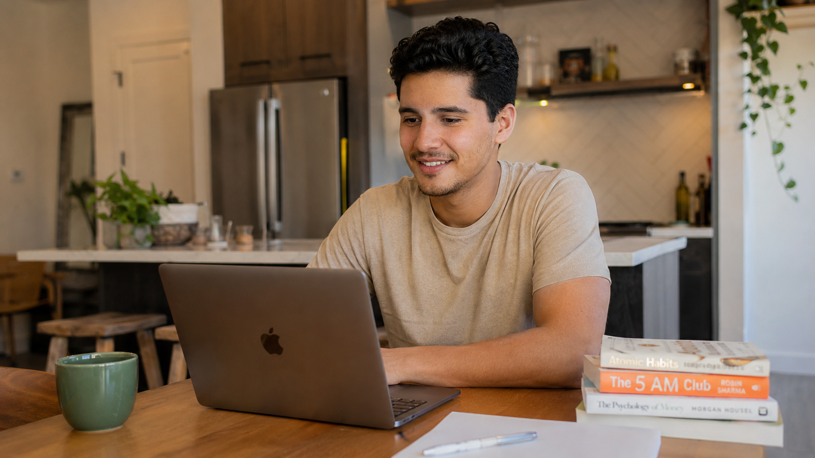 male at desk smiling softly at open laptop at his kitchen table, warm light, relaxed and confident