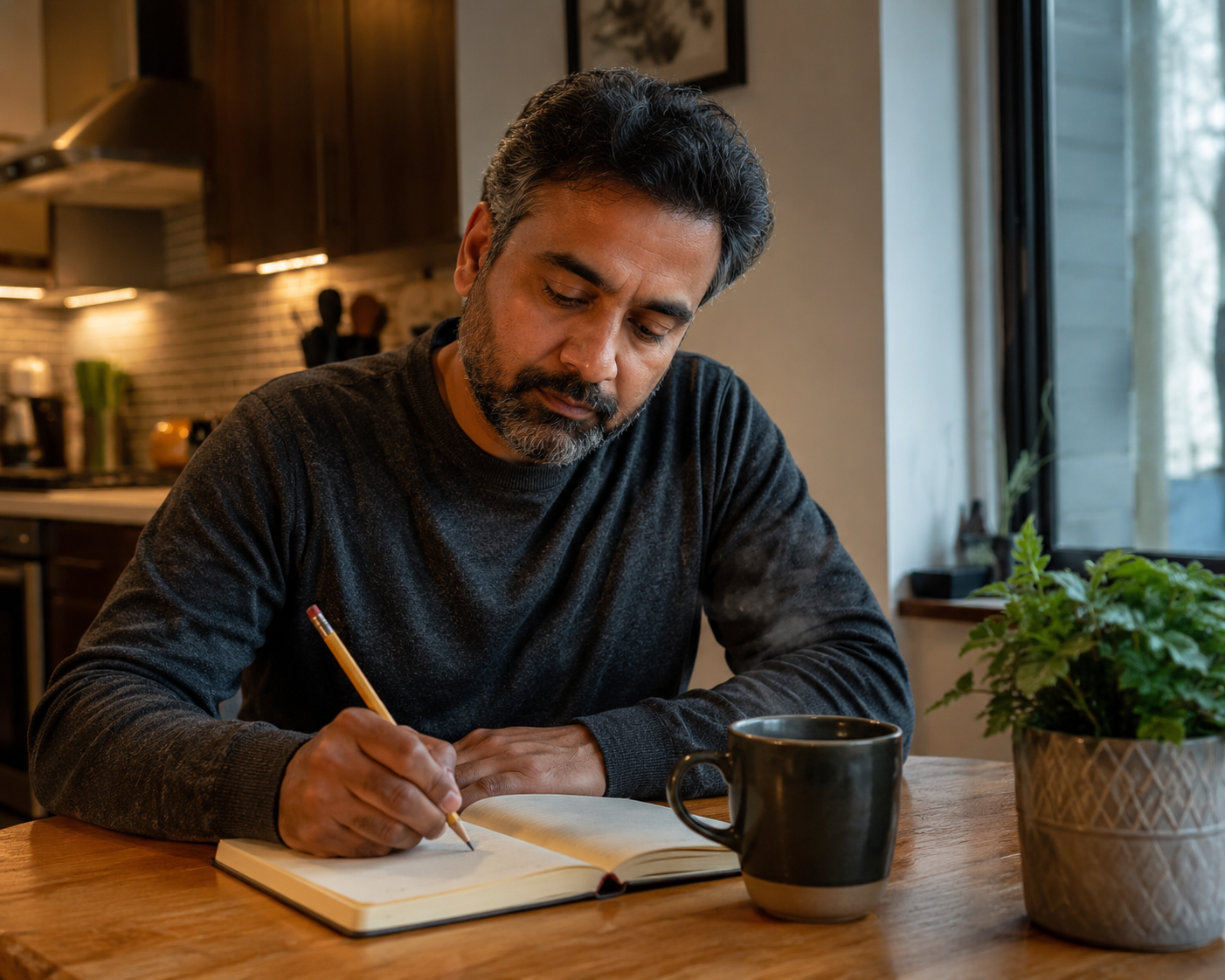 A middle-aged man writing in his journal at a kitchen table with a steaming mug beside him, representing the calming practice of journaling through anxiety.