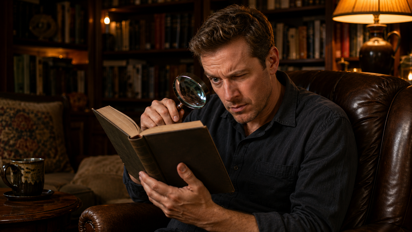 A man uses a magnifying glass to examine a book with exaggerated concentration, humorously showing how mystery readers become amateur sleuths.