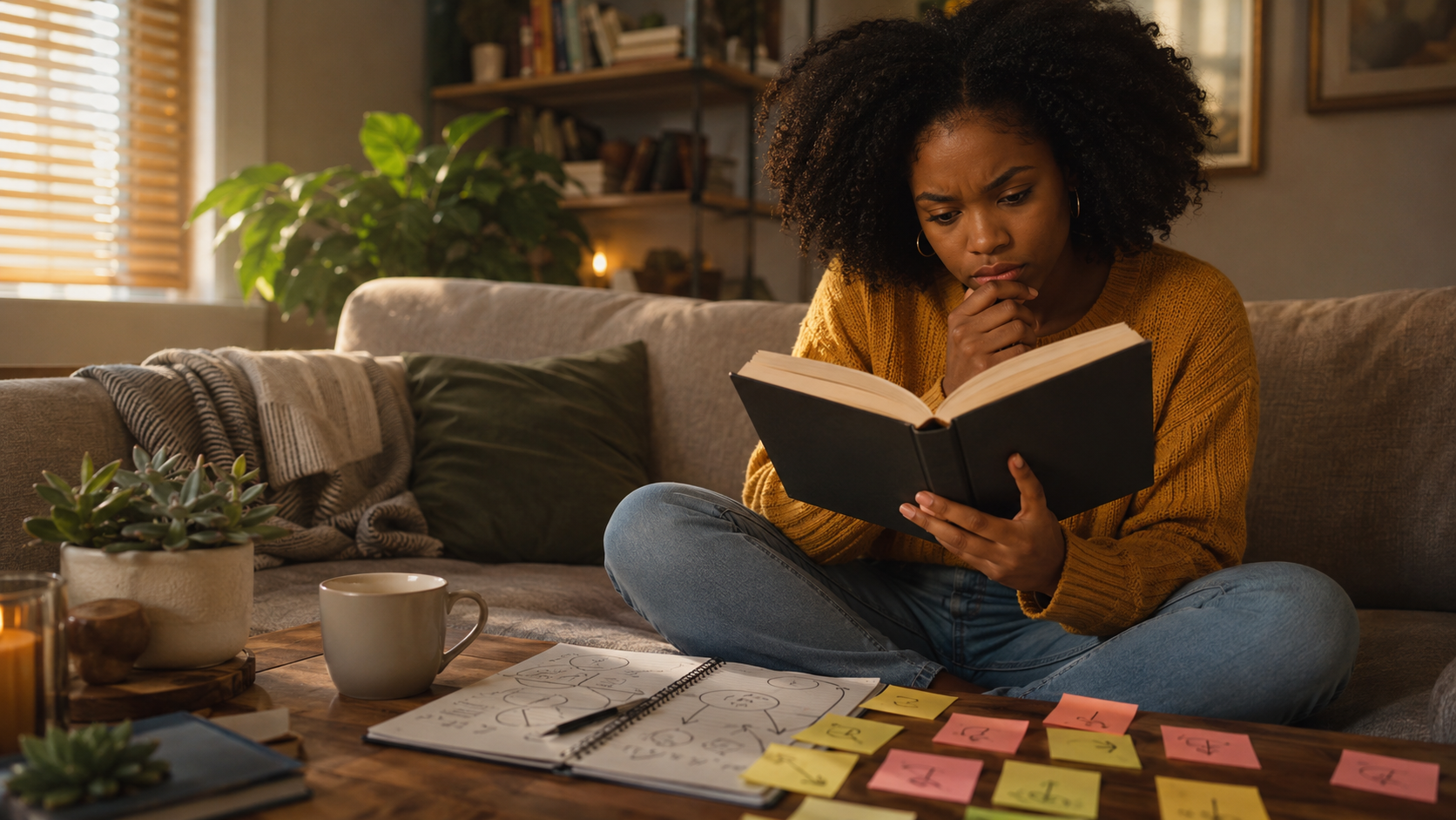 A young woman reads a book while keeping detective-style notes with arrows and question marks, humorously treating the story like a real investigation.