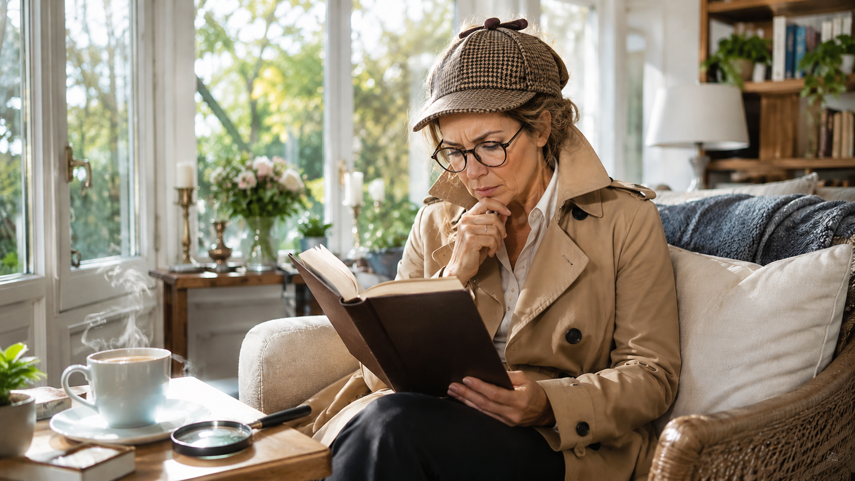A woman wearing a detective-style trench coat reads a book in her living room with complete concentration, humorously embracing her inner amateur sleuth.