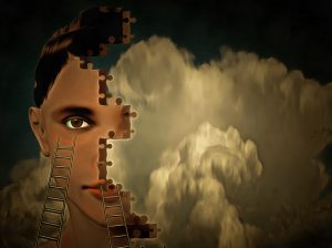 Woman's face, puzzle cloud. 3D rendering